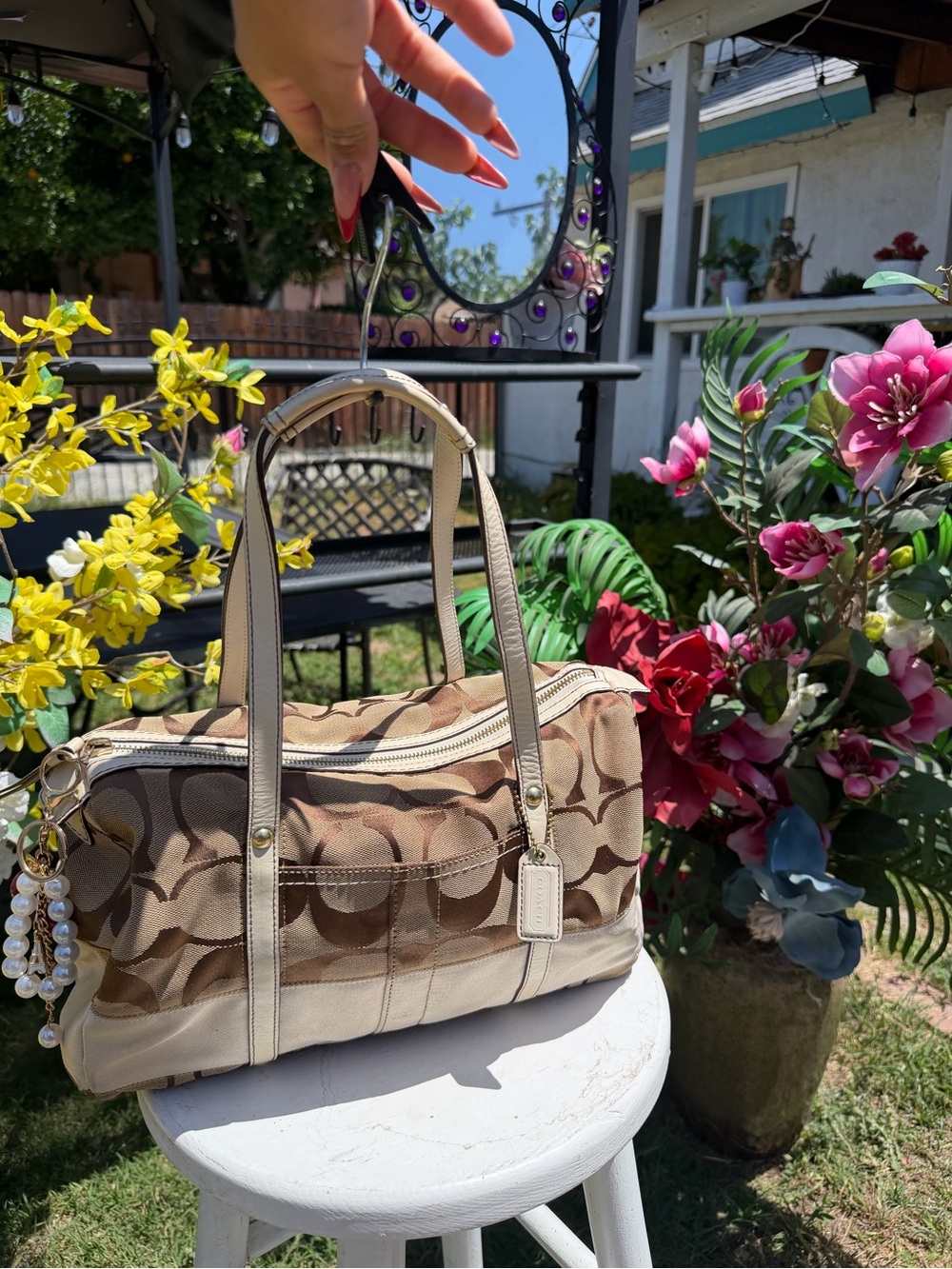 Coach Khaki/Beige Signature Canvas Shoulder Bag with Pearl Charm - Picture 8 of 10